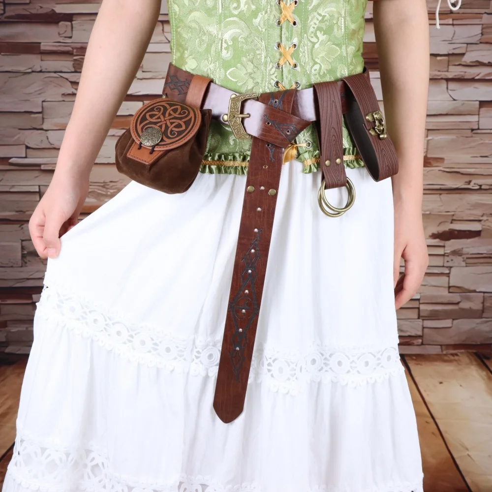 UYEE Viking Belt Set - Engraved Vintage Belt and Coin Pouch Neutral Knight Belt for Clothing Renaissance Fair Halloween