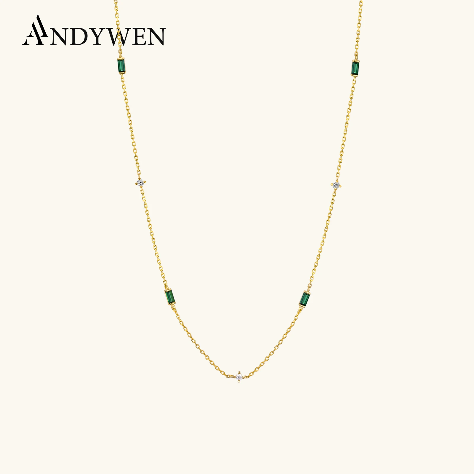 

ANDYWEN 925 Sterling Silver Gold Green Zircon Long Chain Choker Necklace Tiny Women Luxury Wedding Jewelry For Party Neck