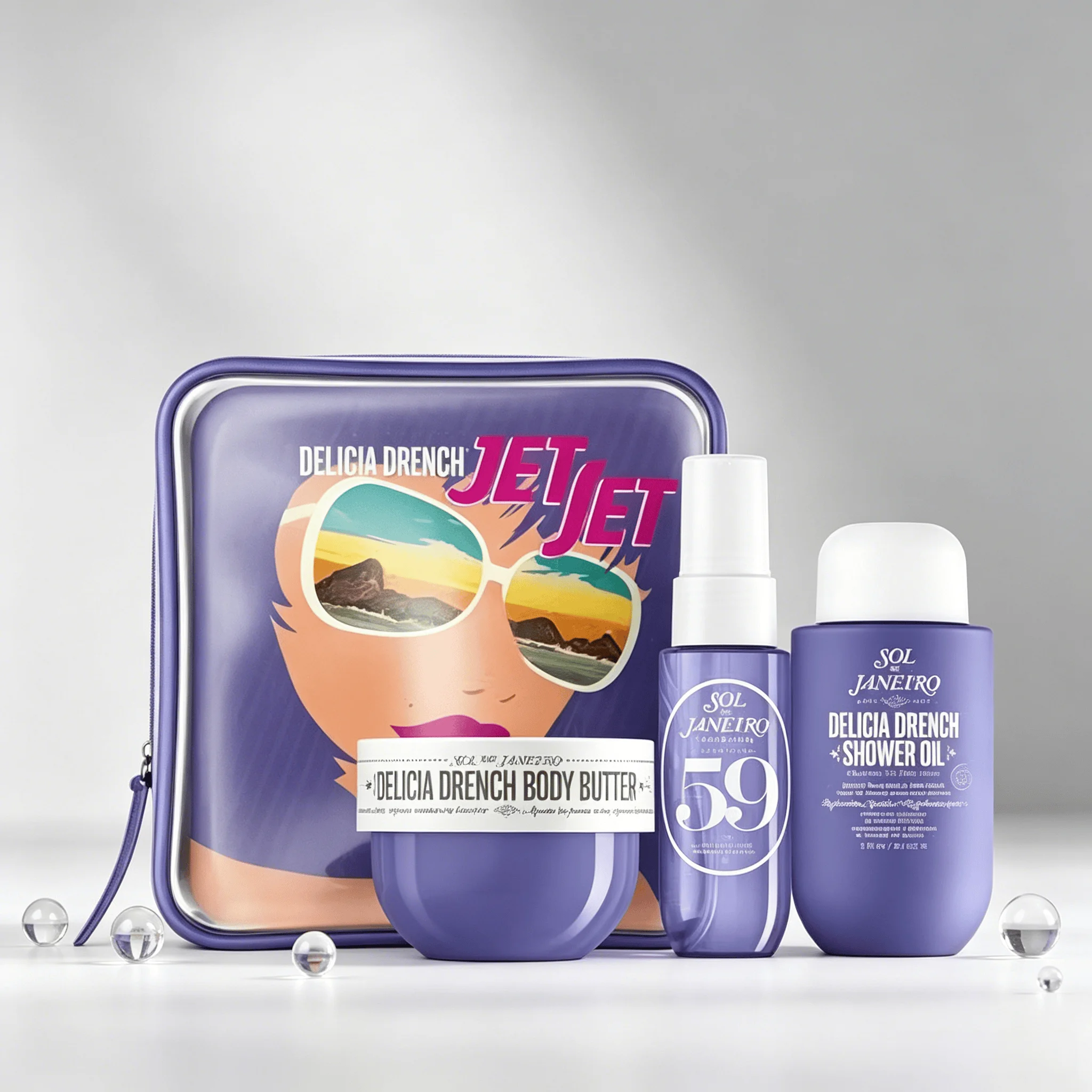 Sol de Janeiro Delicia Drench Jet Set Travel Perfume Gift Set For Women Cheirosa 59 Juicy Passion Fruit Vanilla Soft Gourmand Scent Portable Mini Body Perfume Deep Moisturizing Body Butter Cleansing Shower Oil Complete Purple Vintage Storage Bag Perfect T view 3