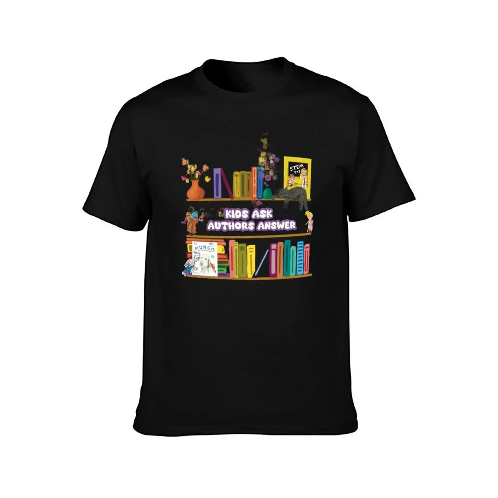 Kids Ask Authors Answer show fun bookshelf. T-Shirt Summer Casual Cotton Tee Unisex Men Women