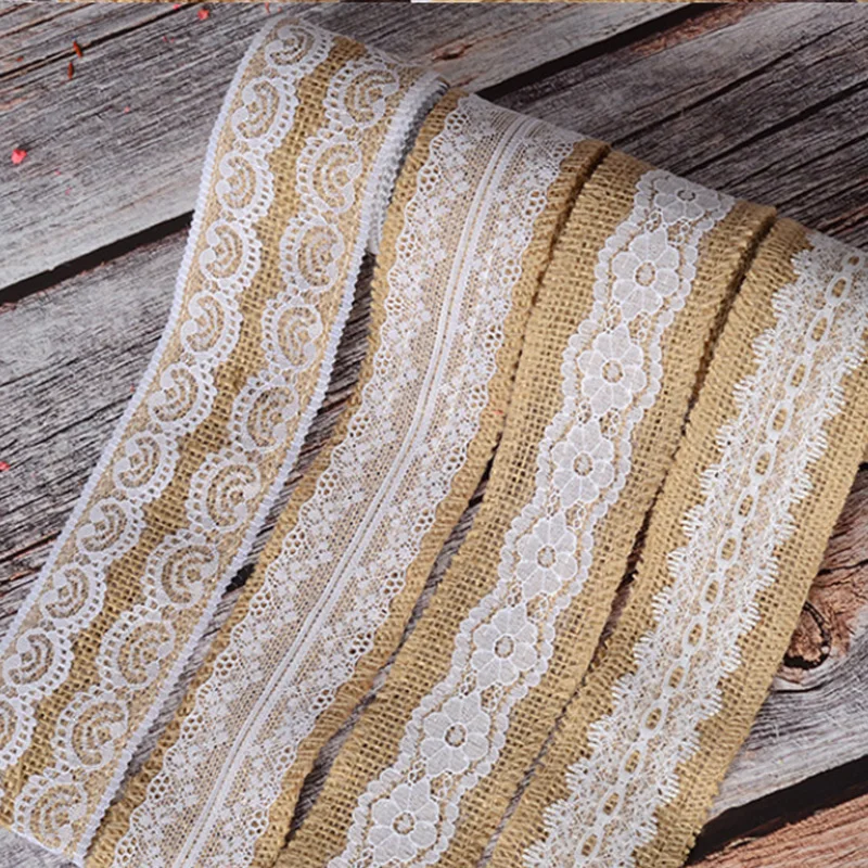 2M/Roll Natural Burlap Jute Ribbon Gift Wrapping Fabric Vintage Rustic Wedding Party Sewing Hessian Lace Trim Edge Roll Decor