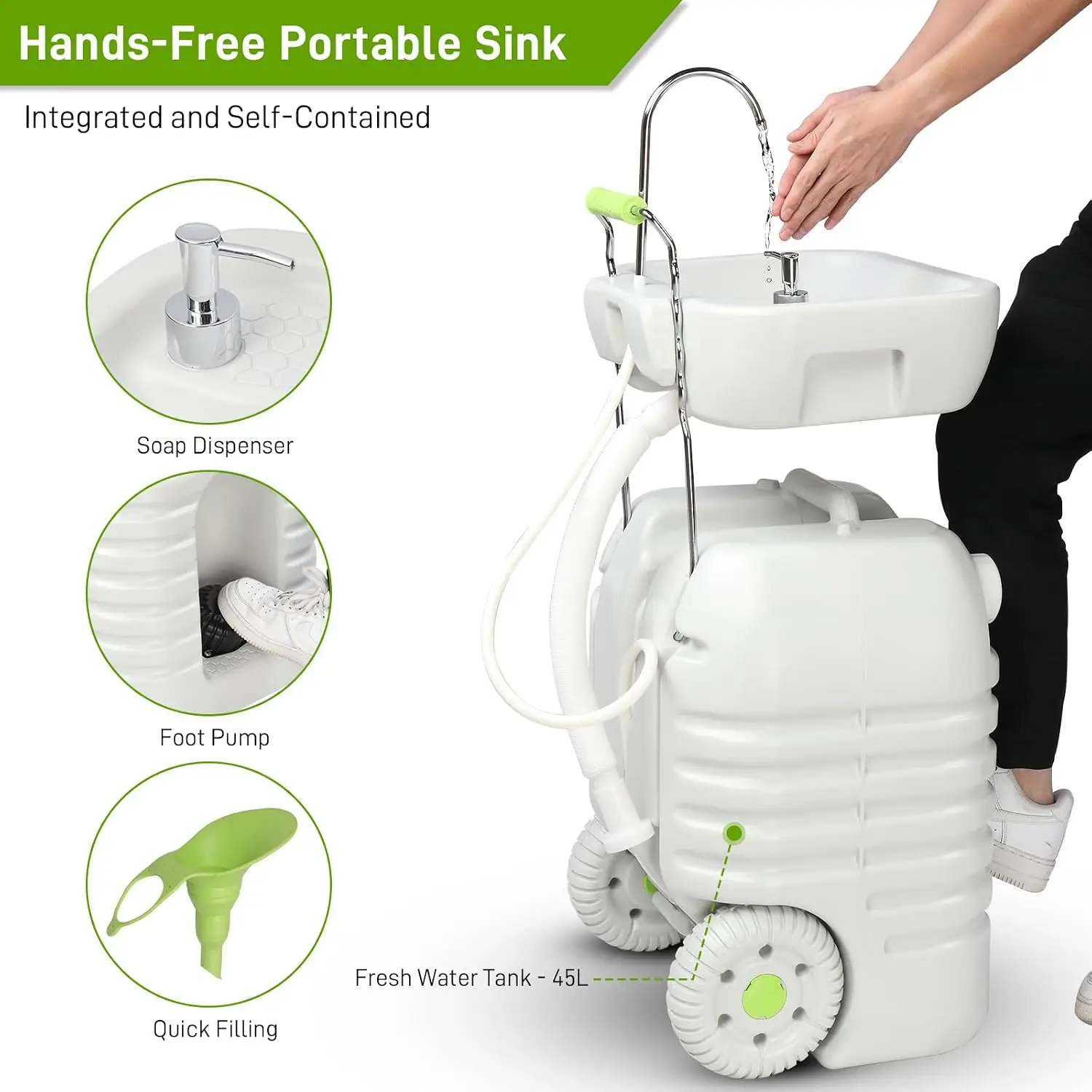 45L Upgraded Portable Sink, Rolling Hand Wash Basin Stand, Towel Holder, Soap Dispenser, Built In Wheels, Outdoor Garden Camping Worksite RV Washroom Station