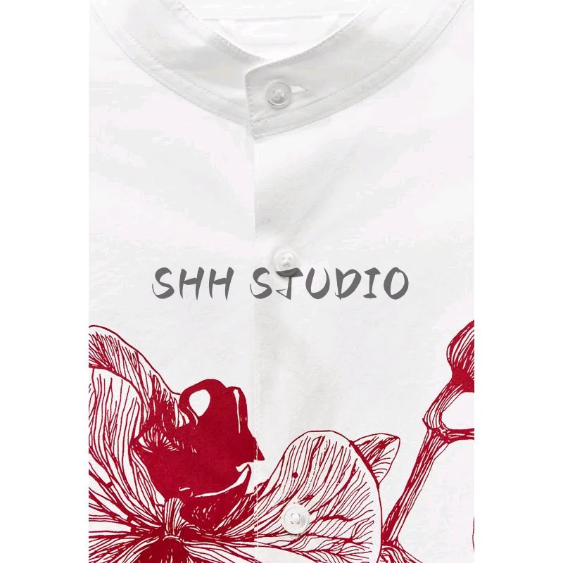 Colletto Zhongan a maniche lunghe con bottone singolo retrò da uomo della nuova primavera stampato irt confortevole vestibilità ampia in fibra di poliestere