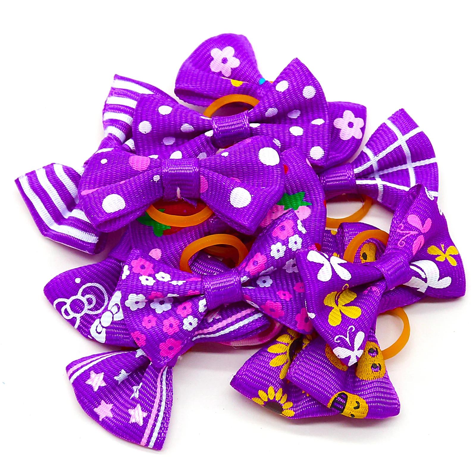 30PCS Purple Flower Pattern Pet Dog Hair Bows Doggy Bows with Rubber Bands Dog Supplies for Small Pet Hair Accessories