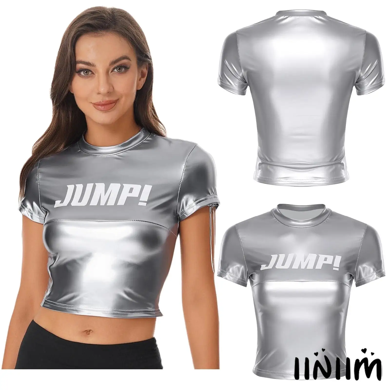 

Women Metallic Shiny Cropped T-shirt Round Neck Short Sleeve Slim Blouse Top for Street Dance Hiphop Jazz Stage Show Dancewear