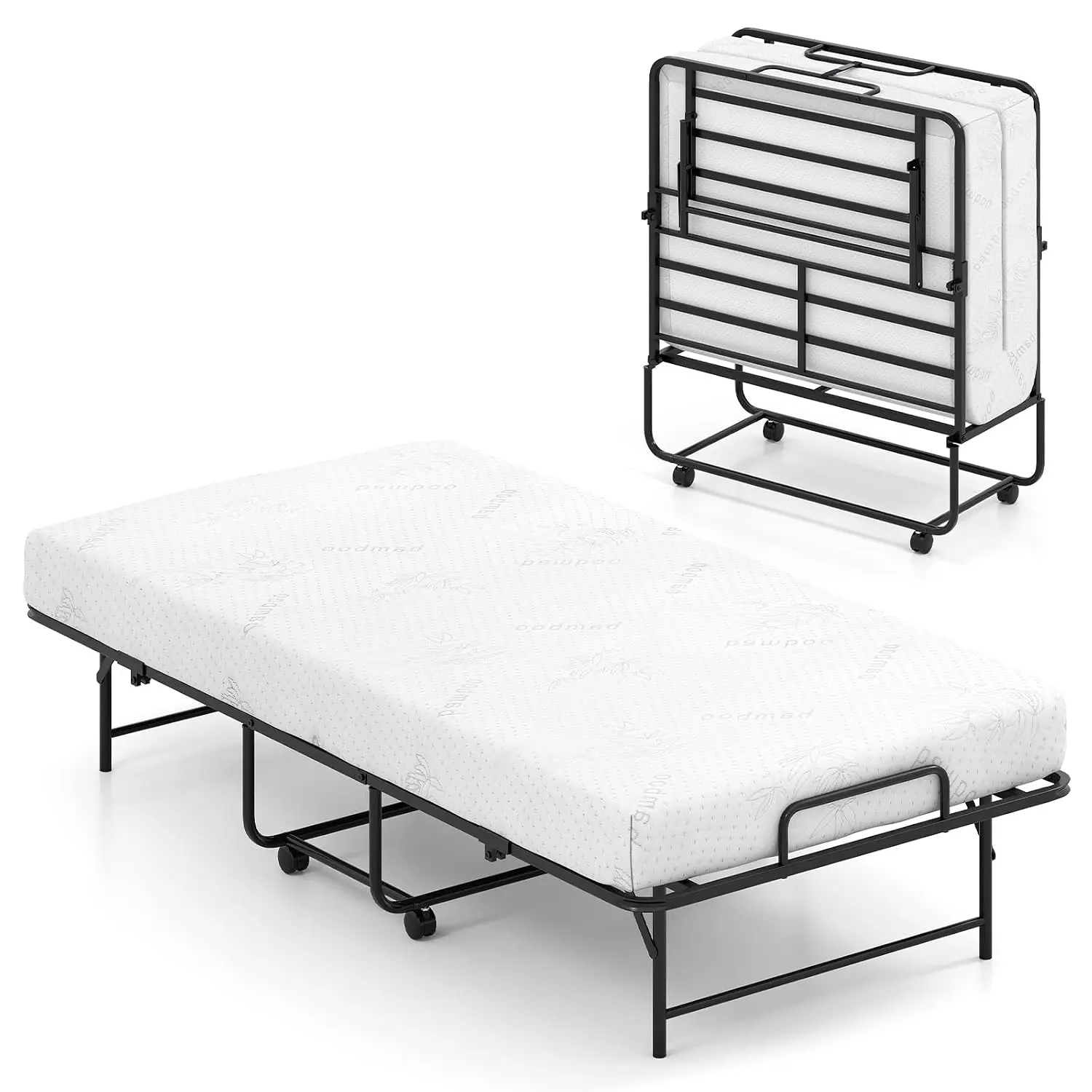 Twin Folding Bed Memory Foam Mattress Metal Frame Rollaway Guest Bed Lockable Wheels 75"x38" Foldable Bed, Customized