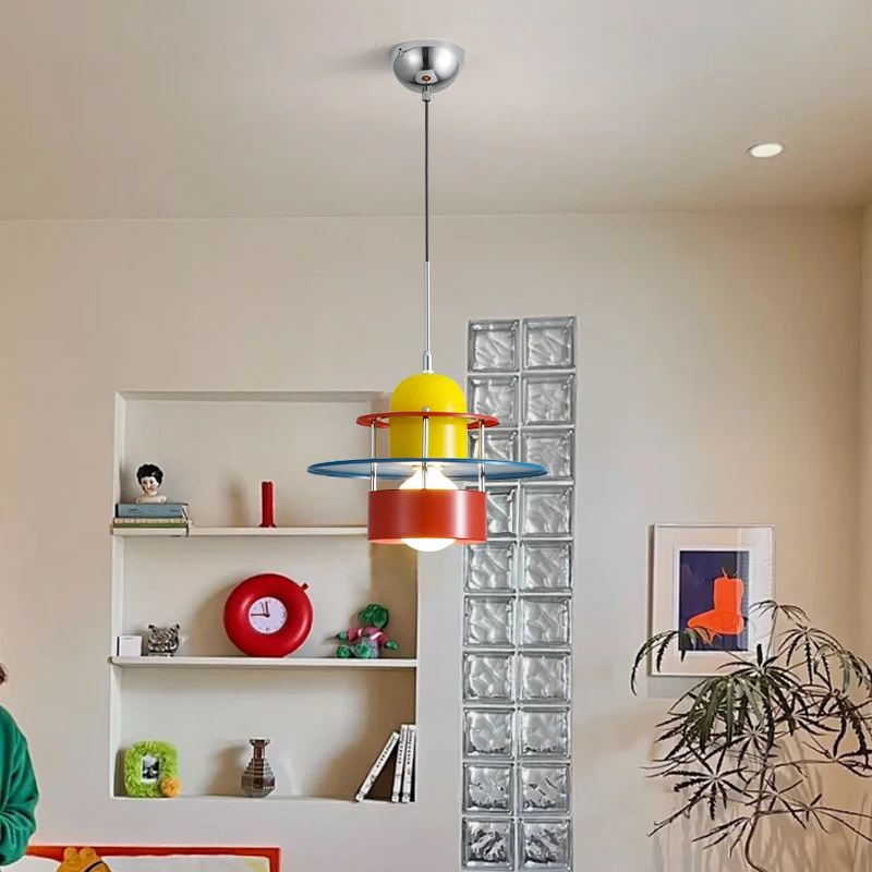 Memphis Colorful Pendant Lamps Bedroom Bedside Light Iron Lampshade High Ceiling Suspension Chandelier Red Yellow Blue E27