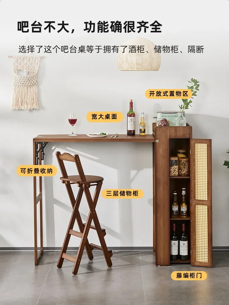 Solid wood foldable bar table Household small apartment retractable living room high table rattan balcony dining table