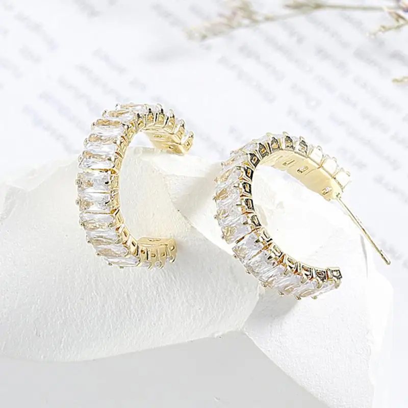 ZAKOL Geometric Square Zircon Arrangement Stud Earring for Women Korean Fashion C Shape Earrings Girls Wedding Party Jewelry