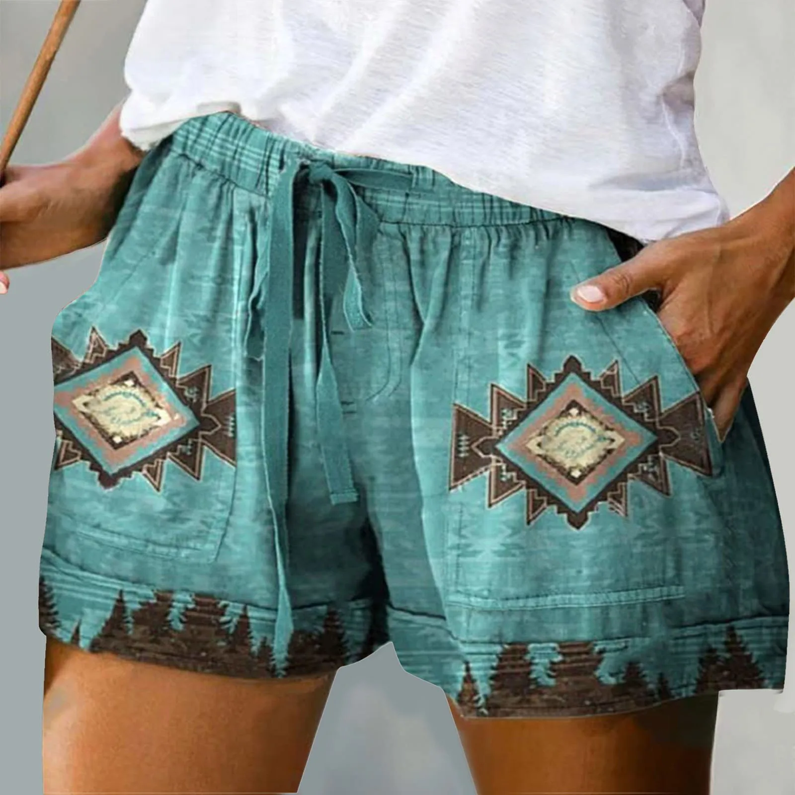 

Women Shorts Summer Elastic Waist Lace Up Drawstring Wide Leg Comfy Shorts Vintage Printed Beach Casual Shorts Streetwear