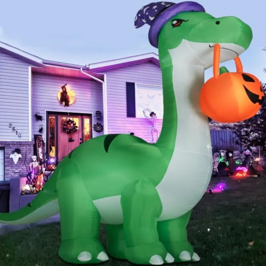 Outdoor Halloween Inflatable Dinosaur Decorations, PVC Material, Green And Orange, Built-in LED Lights For Night Visibility