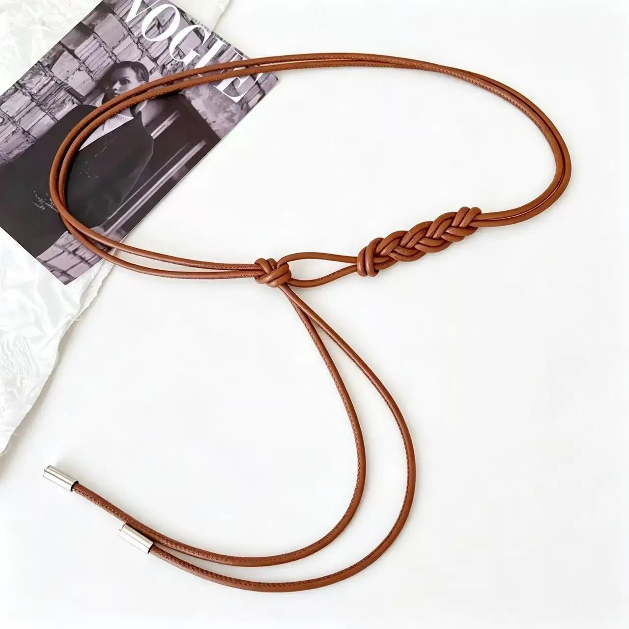 New Style Knotted Thin Belt Accessory for Women, Pu Leather Rope Waist Chain to Match Dresses and Sweaters, Black Versatile Chinese-Style Long Small Belt