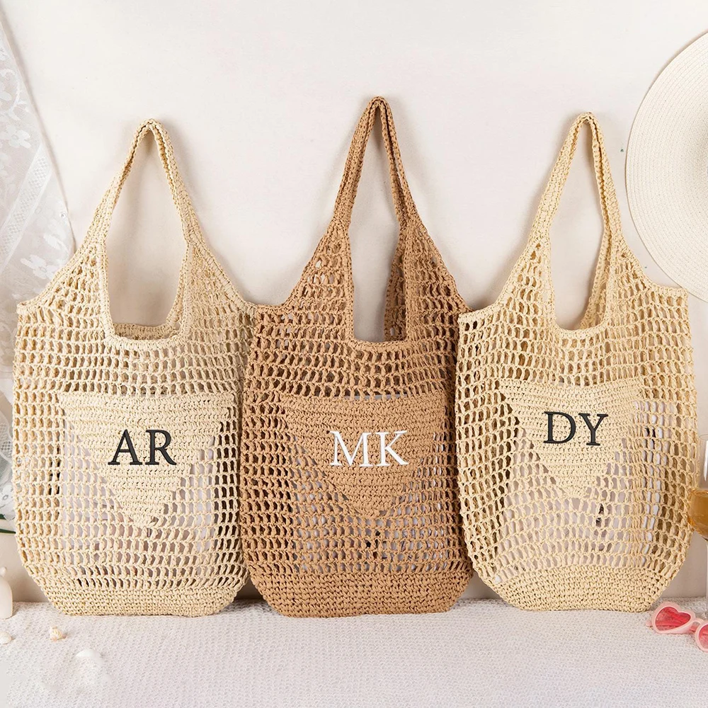 Bolsa de playa personalizada, bolsa de paja tejida a mano, iniciales bordadas, regalo para damas de honor, regalo perfecto para damas de honor, decoración para fiestas.