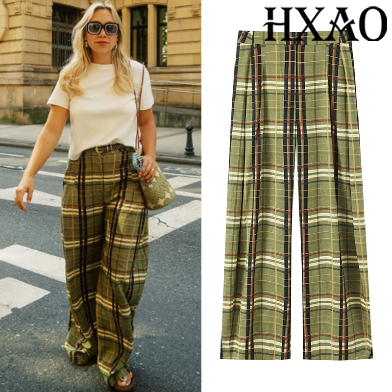 HXAO Grüne Damenhose Baggy Plaid Hose für Frau Herbst Lässige weite Hose Damen Falten Mittlere Taille Karo Lange Hose