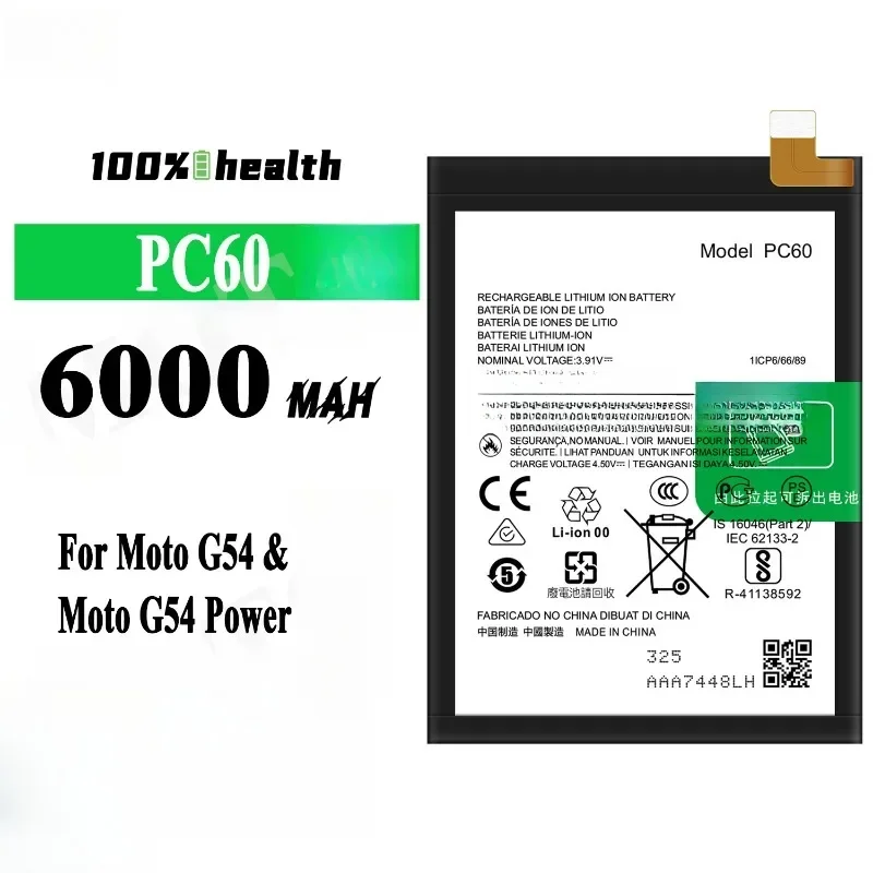 PC60 3.91V 6000mAh Lithium-ion Rechargeable Battery for Motorola MOTO G24 G54 5G G54 Power 5G High Quality Mobile Phone Battery