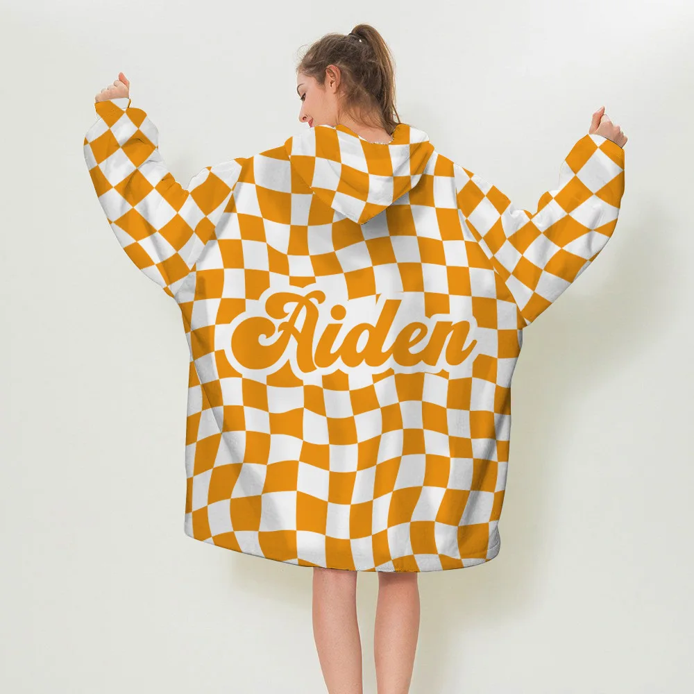 

Personalized Name Hooded Cape Chessboard Pattern Warm Lazy Flannel Blanket Wearable Robe Hooded For Adults and Kids
