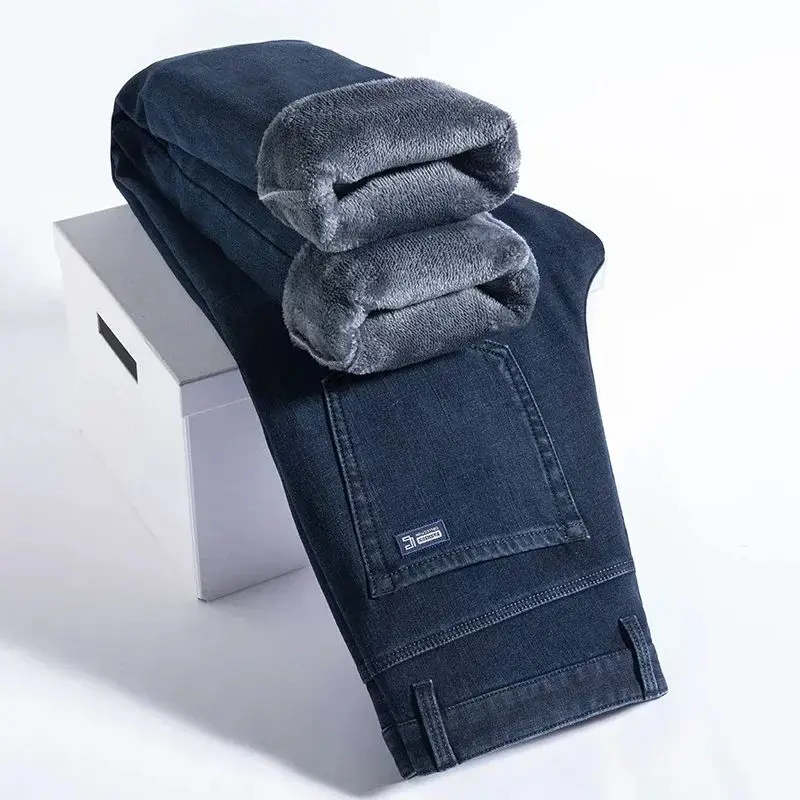 

Men's Winter Warm Straight Thick Face Jeans 3 Colors Fashionable Casual Five-Quarter Length Trousers by Xunshi 2024