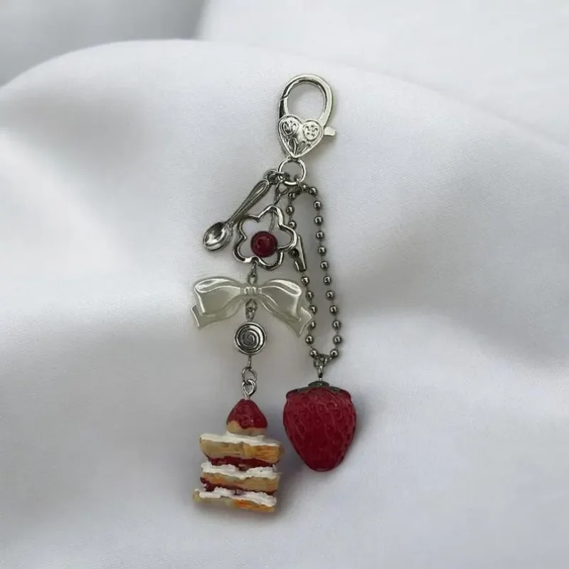 Handmade Strawberry Cake Keychain  Cute Miniature Dessert Jewelry, Whimsical Polymer Clay Charm, Kawaii Accessory, Gifts