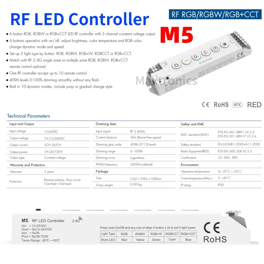 12-24VDC Skydance 6 Button CV RF LED Controller M5 5CH*3A 0~·100% Dimmer for RGB RGBW RGBCCT LED Strip Light Tape Lamp