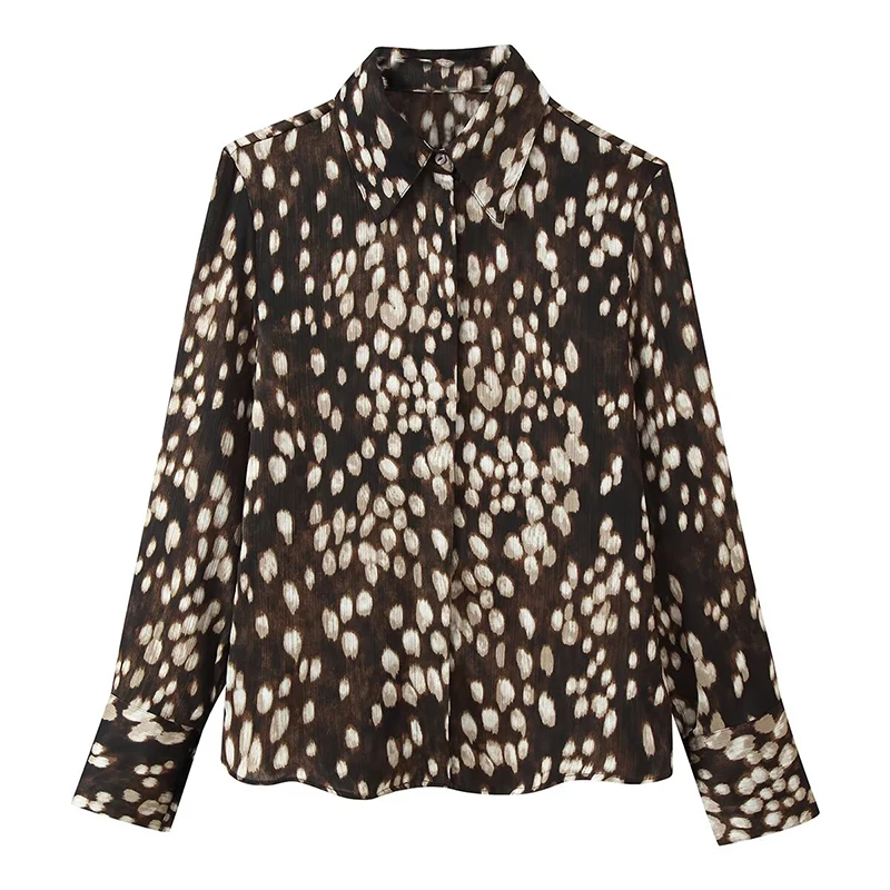 YENKYE  Women Vintage Brown Spot Print Shirt Lapel Collar Long Sleeve Button Down Casual Blouse  Blusas Mujer