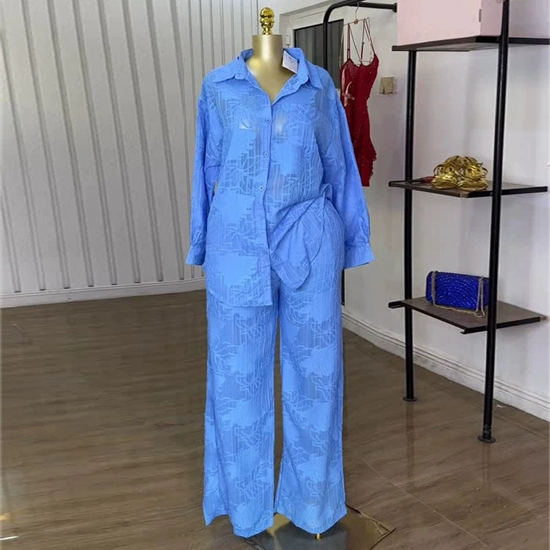 Elegant Women's Set Embroidery Perspective Long Sleeve Shirt and Straight Wide Leg Pants 2025 OL 2 Piece Set Outfit Tracksuit
