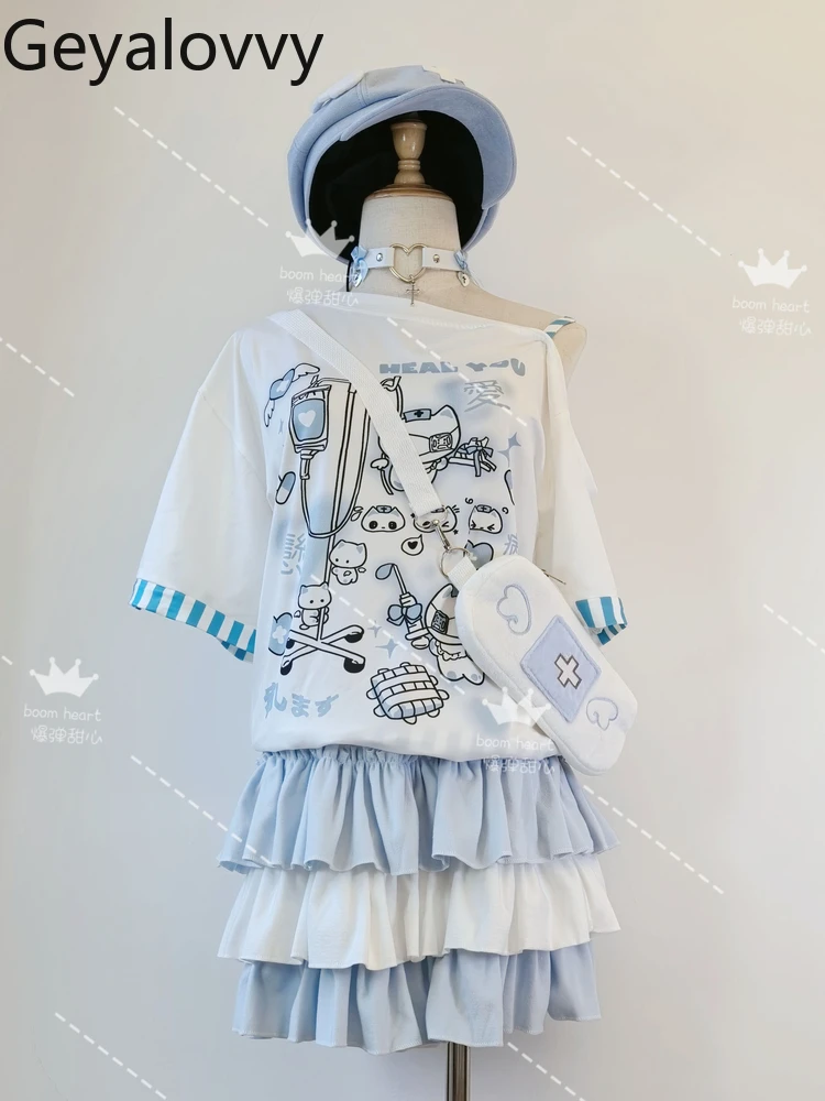 

Full Set Water Color System Japanese Mines Sweet Cute Girl Print Short-sleeved T-shirt and Cake Short Skirt Hat Collar Suit
