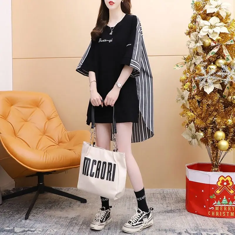 Summer Western Style Personalized Fashion Splicing Stripes Loose Oversize Casual Short Front and Long Back T-shirt for Women