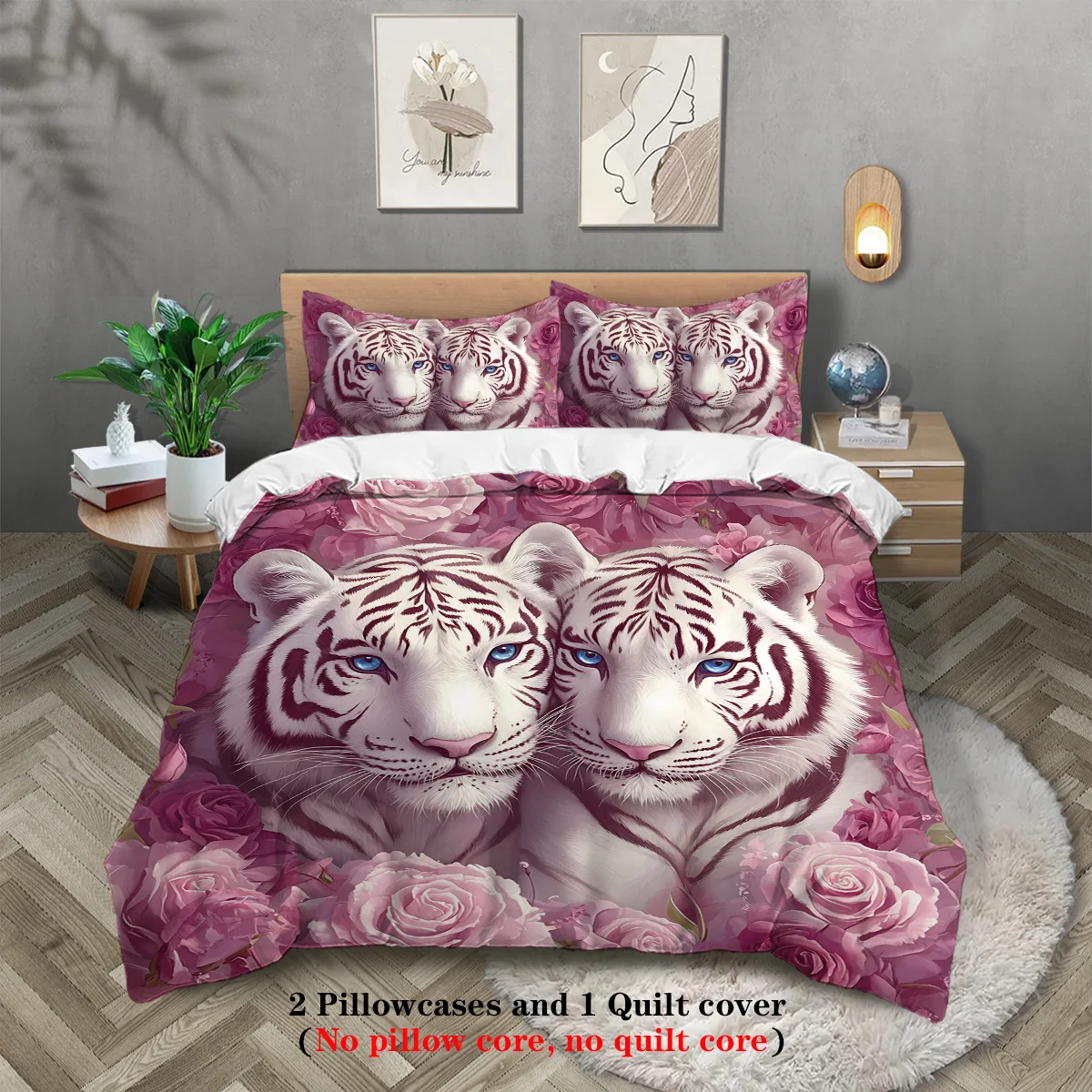 

3pcs White tigers couple pattern bedding set, for teenagers and adult's bedroom, 1*duvet cover+2*pillowcase, for single bed