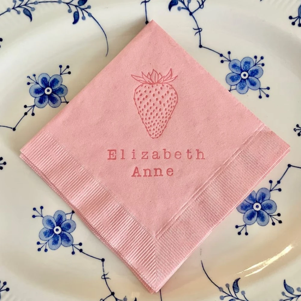 50Pcs PersonalizedStrawberry Girls Baby Shower Napkins, Custom Birthday Party Light Pink Beverage Napkins in Light Pink ink