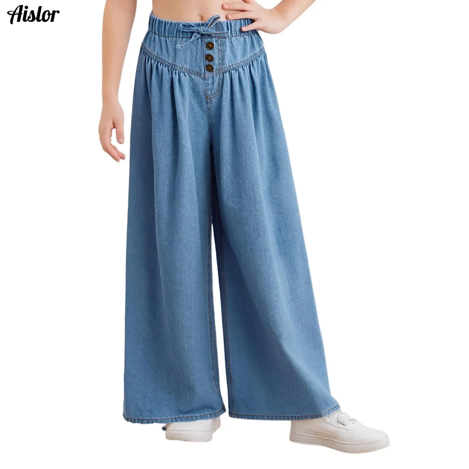 

Kids Girls Fashion Wide-Leg Jeans Loose Denim Pants Bow Decorative Buttons Elastic Waistband Trousers with Pockets