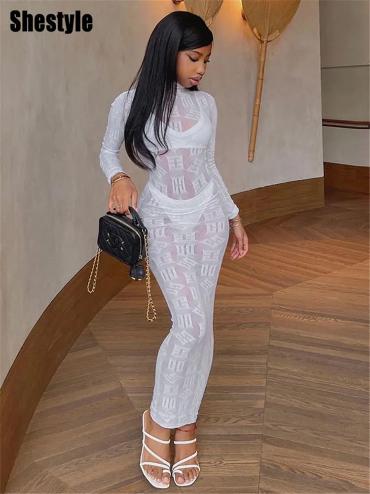 

Shestyle See Through Super Elastic Long Pencil Dress Women Letter Print Mock Neck Clubwear Bodycone Hot Fashionable Outwear