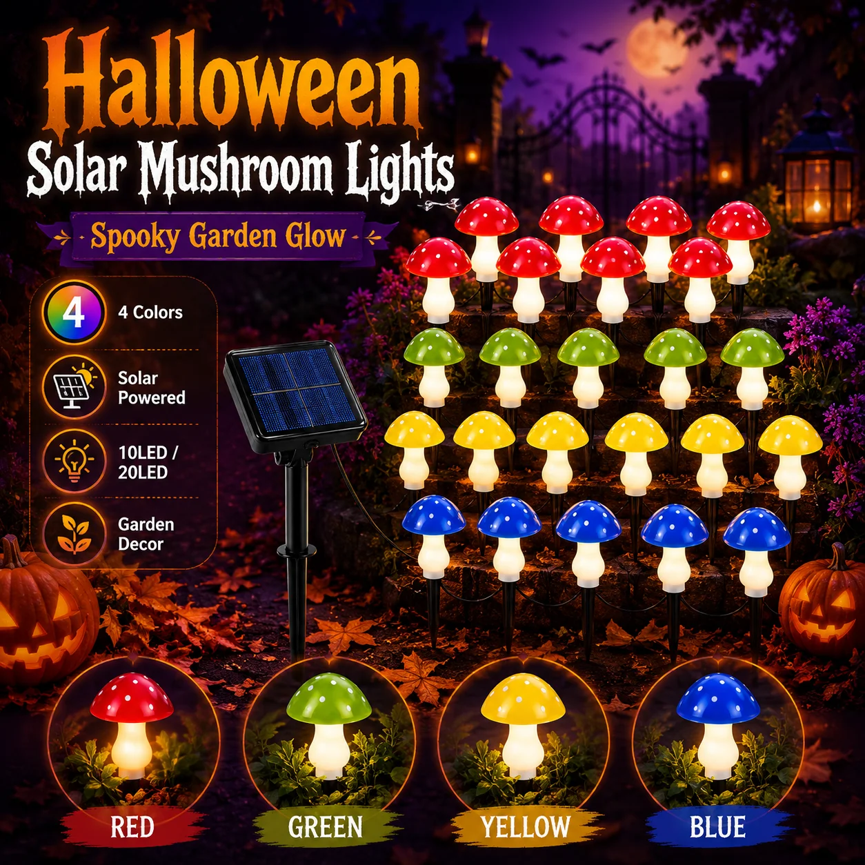 Lampes solaires en forme de champignons pour jardin, 10/20 LED, lampes à piquet pour allée extérieure, décoration de jardin pour Halloween, lampes solaires multicolores en forme de champignons
