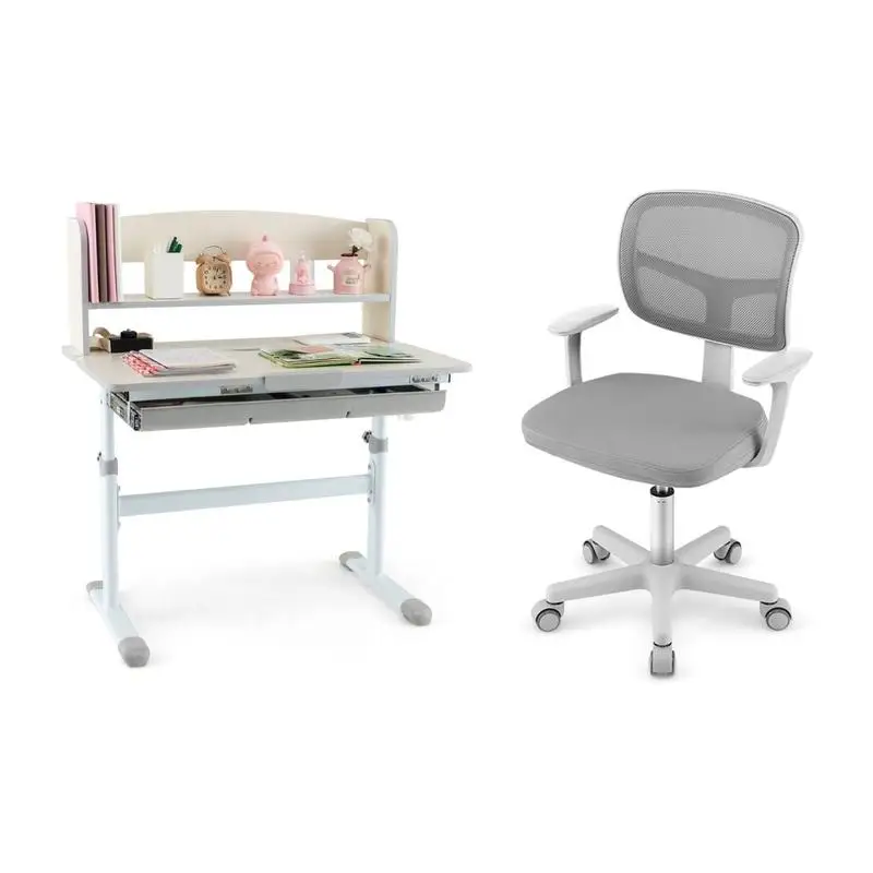 Ensemble bureau et chaise d'étude gris pour enfant réglables en hauteur. Plateau inclinable 0 °   à 60 °   avec étagères et tiroir compartimenté. Chaise ergonomique pivotante à 360° °   avec roulettes, soutien lombaire et assise aérée. Structure solide avec coins
