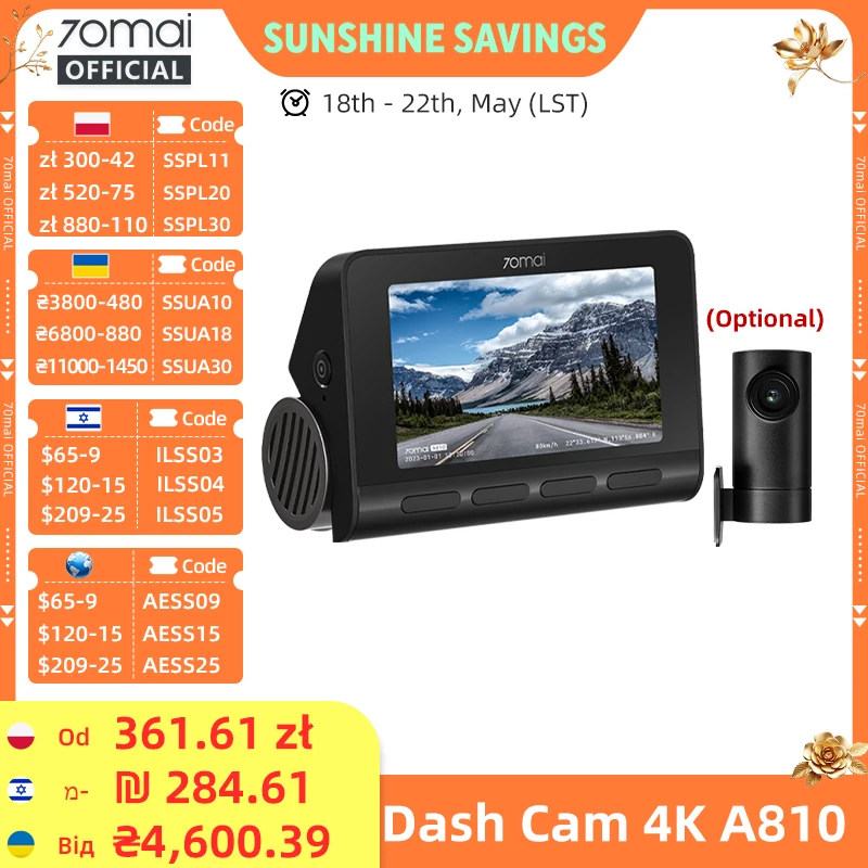 Cámara para Auto 70mai 4K A810, Juego Delantero y Trasero, Compatible con Módulo 4G LTE UP04, Control Remoto, GPS, ADAS, DVR para Auto 70mai A810