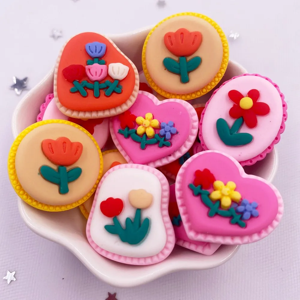 Hand Painted Resin Kawaii Colorful Oil painting flower Flatback Stone DIY Figurine 10PCS Scrapbook Home Decor Crafts Accessories