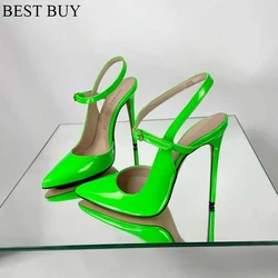 2024 Black Matte leather Slingback Ankle Strap Buckle High Heel Shoes Stiletto Heel Pointed Toe Dress Pumps Women Shallow Heels