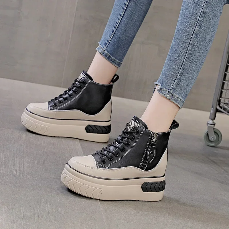 Women Shoes leather 8cm Platform Boots Wedge Hidden Heel Zip Spring Autumn Warm Fur Winter Shoes Sneakers 2024