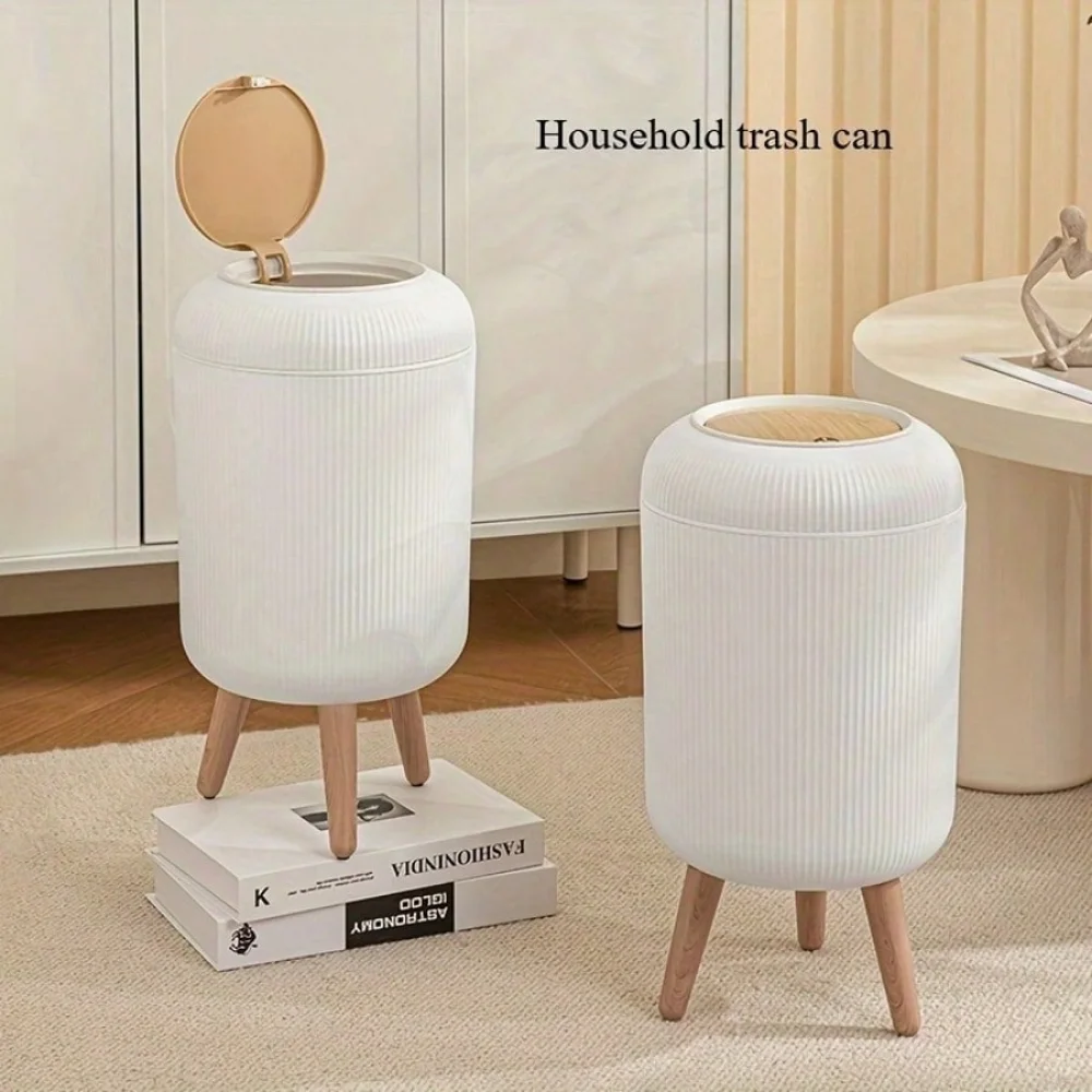 

Odor-BlockingTrash Can With Lid Sleek Round Wood Grain Design Press-To-Open Waste Bin Bathroom Office Available Bedroom