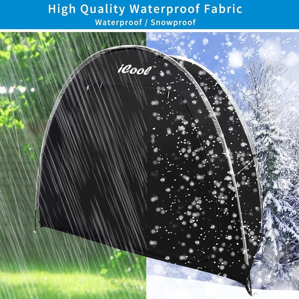 Tent setup in a garden setting protecting a bicycle