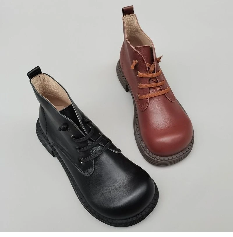

Natural Leather Big Noses Boots Cowhide Women's Ankle Boots Wide Toe Feet Derby High Top Handmade Single Shoes Spring Autumn