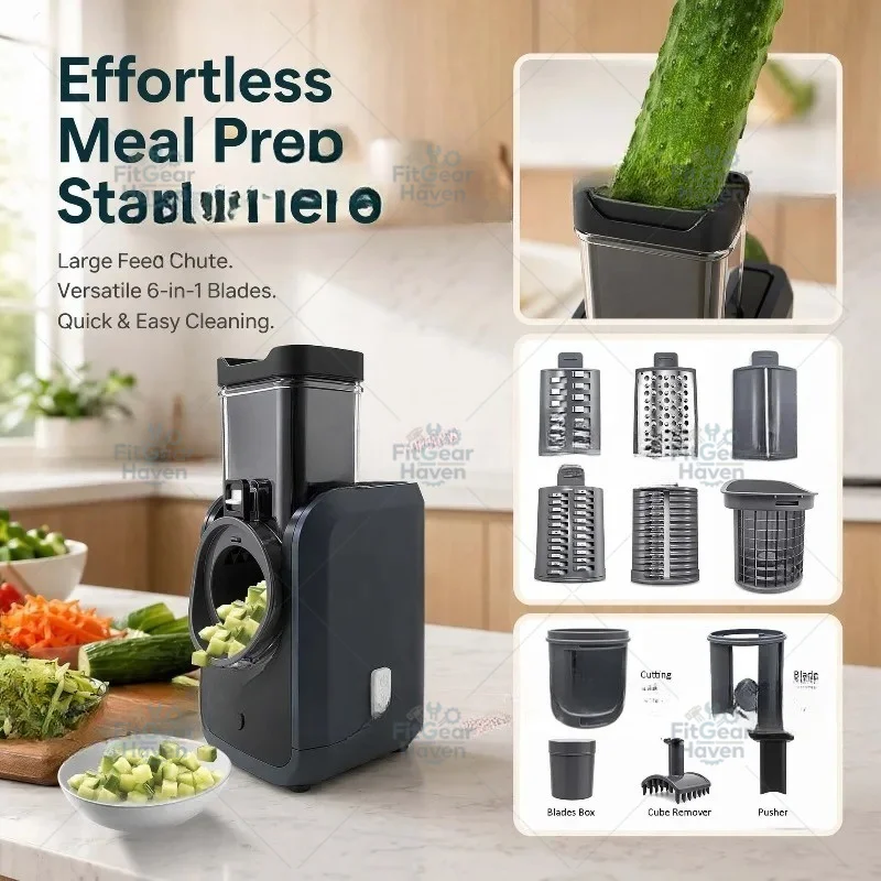 Household electric 6-in-1 vegetable slicer: drum-type dicing and shredding