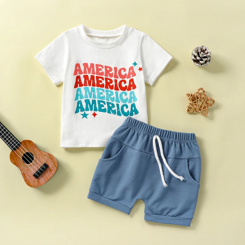 

Independence Day Children s Outfit Patriotic Stars and Stripes Print Tee with Matching Shorts for Summer Celebrations