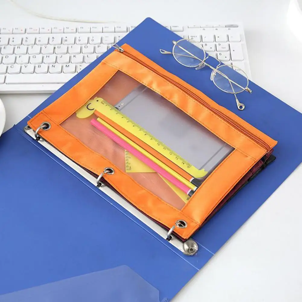 Transparente Zipper Folder Bag, armazenamento de arquivos, pasta de folhas soltas, pano Oxford, papelaria escolar, 3 furos