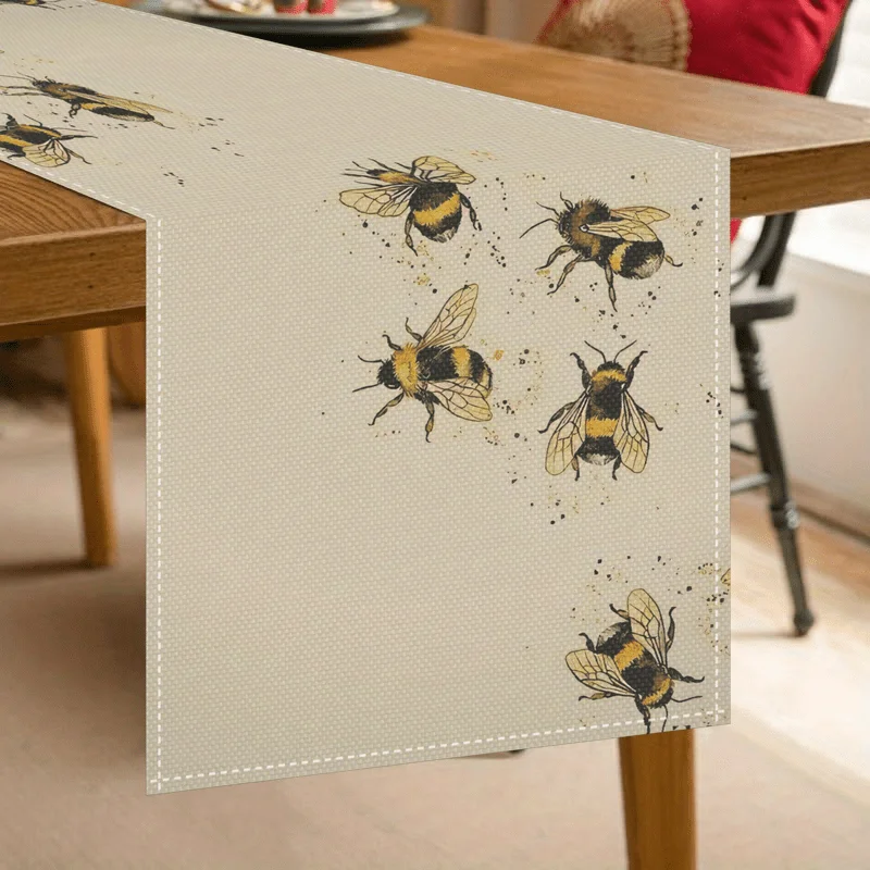 Cozy Bee Table Runner - Abstract Yellow Bumblebee Sandy Beach Design, Easy-Clean Kitchen Dining Home Gathering Decor