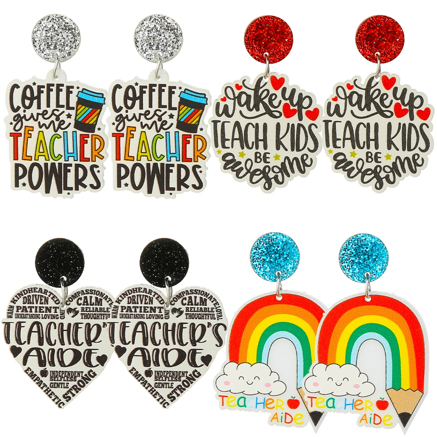 New Teachers'Day Letter Earrings School Teachers Students Rainbow Pencil Acrylic Earrings Coffee Power Letter Earrings