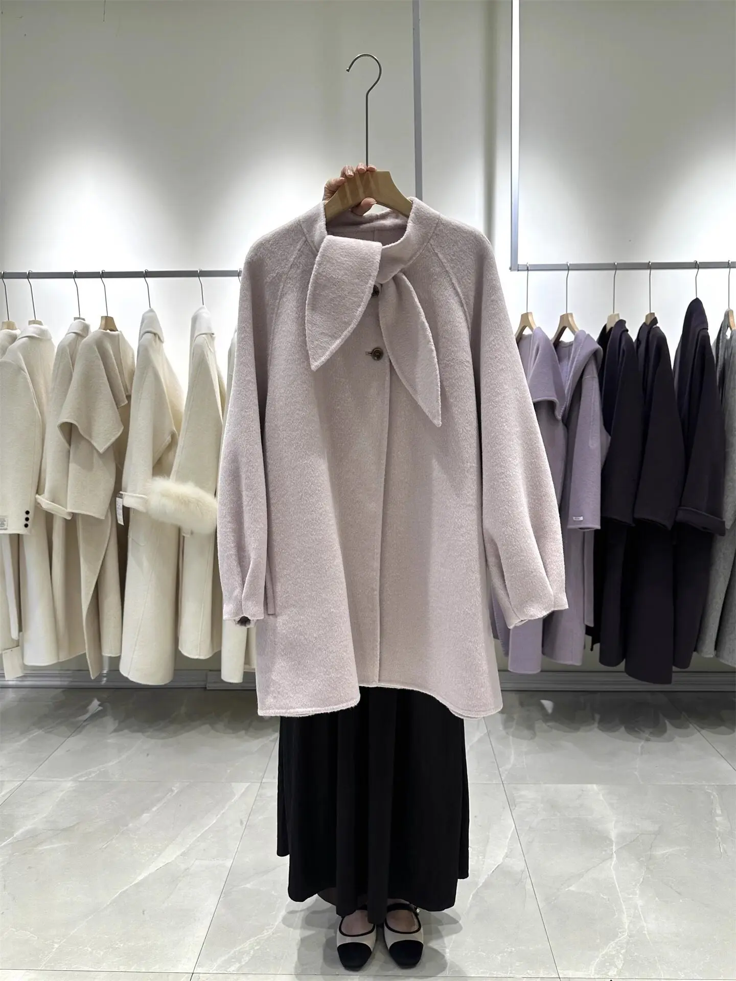 Autumn Winter New Rabbit Scarf Collar Double Face Wool Coat Women Korean Wool Outerwear Loose Mid Length Elegant Warm Wool Coat