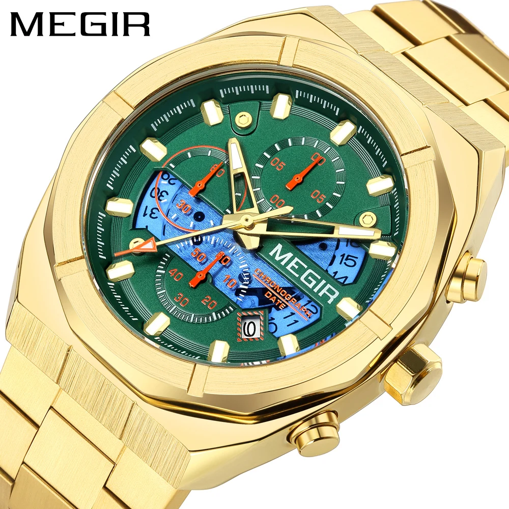 MEGIR Polygonal Case Fashion Sport Quartz Watch for Men Luxury Luminous Waterproof Chronograph Wristwatch with Auto Date 2225