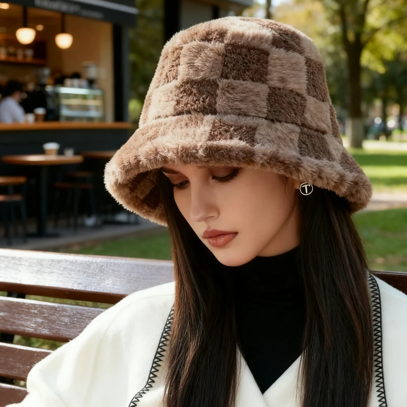 Bucket Hat Embroidered - Multi-color Faux Fur Checkered Bucket Hat