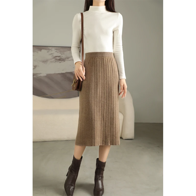 100% Pure Wool Pleated Skirt Women's Long Over-The-Knee Umbrella Skirt High Waist Bottoming Cashmere A-Line Skirt