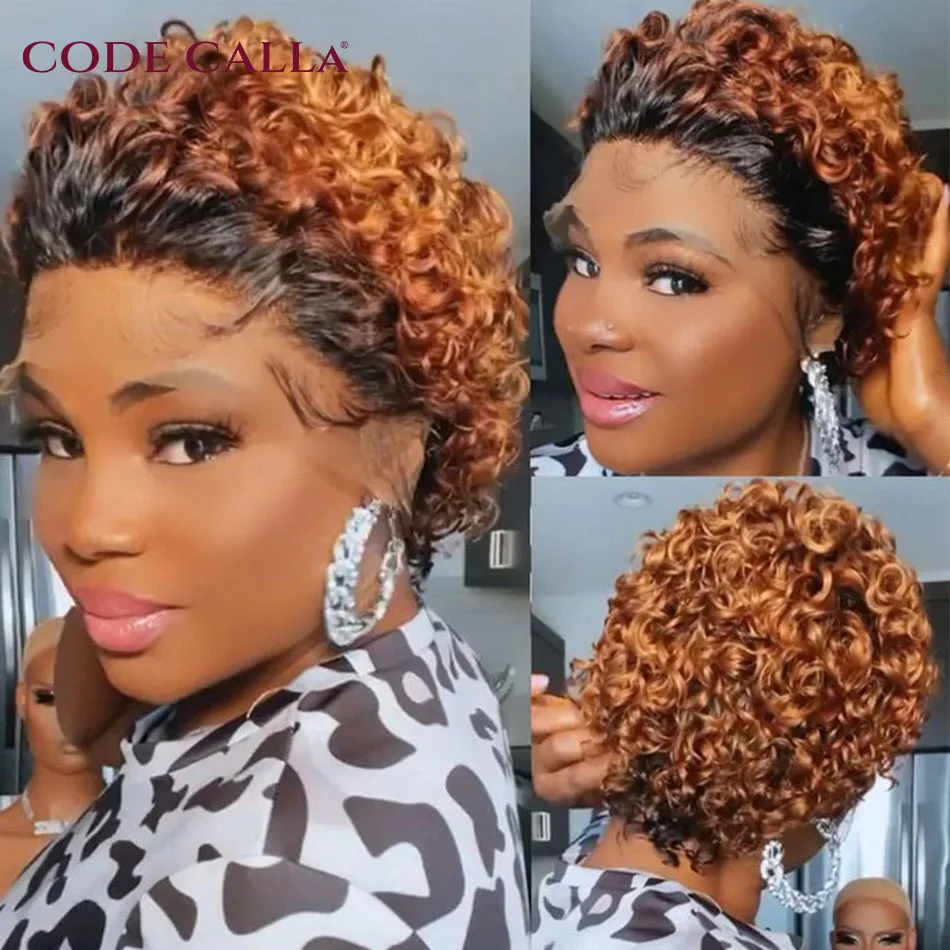 Perruque Bob Lace Front Wig naturelle bouclée, cheveux courts, afro, Deep Wave, blond miel, coupe Pixie, pour femmes